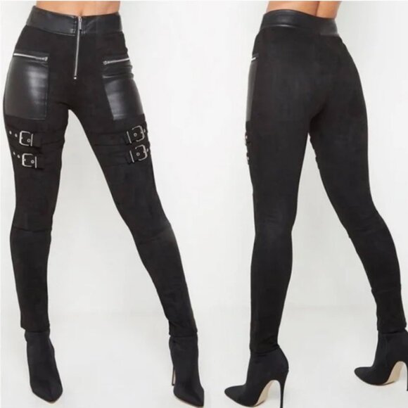 Maniere De Voir Cyberpunk Faux Suede Buckle Straps Leggings Pants UK 6 US 2 - Picture 3 of 16